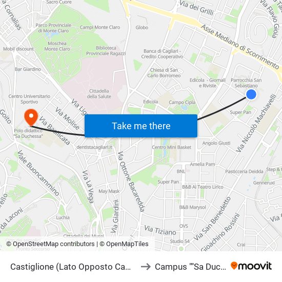 Castiglione (Lato Opposto Campi Sportivi) to Campus ""Sa Duchessa"" map