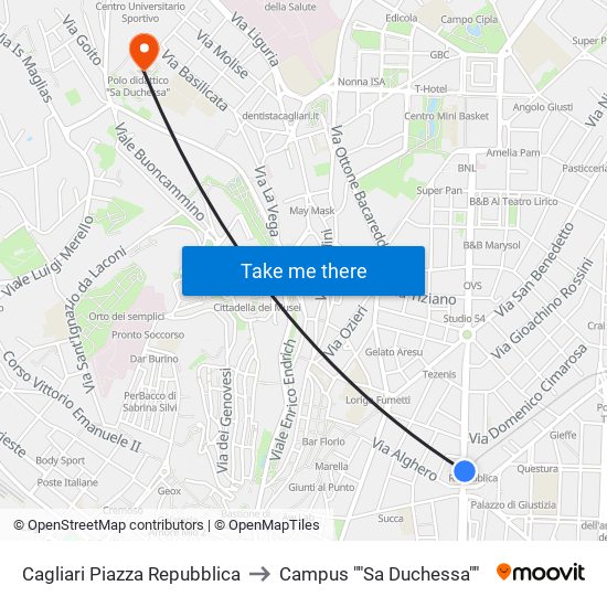 Cagliari Piazza Repubblica to Campus ""Sa Duchessa"" map