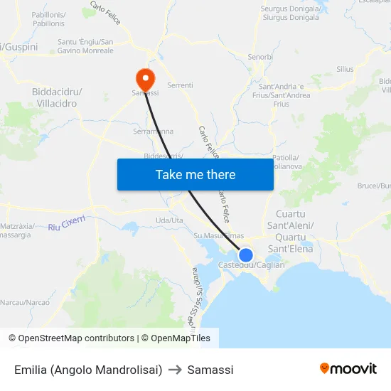 Emilia (Corner of Mandrolisai) to Samassi map