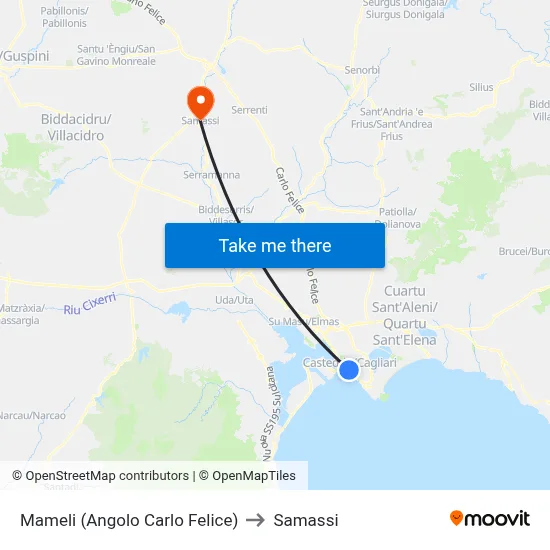 Mameli (Corner of Carlo Felice) to Samassi map