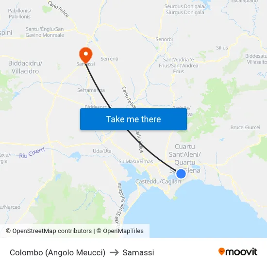 Colombo (Corner of Meucci) to Samassi map