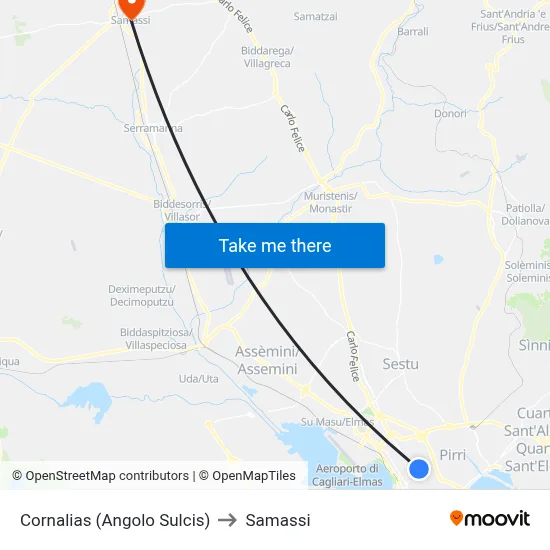 Cornalias (Corner of Sulcis) to Samassi map