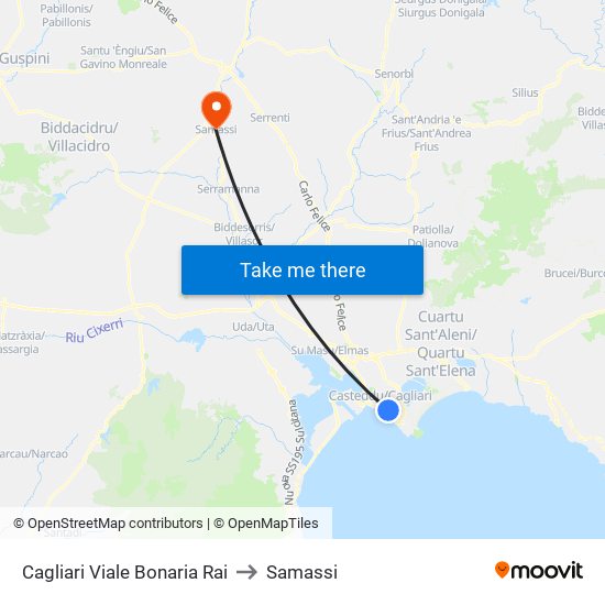 Cagliari Viale Bonaria Rai to Samassi map