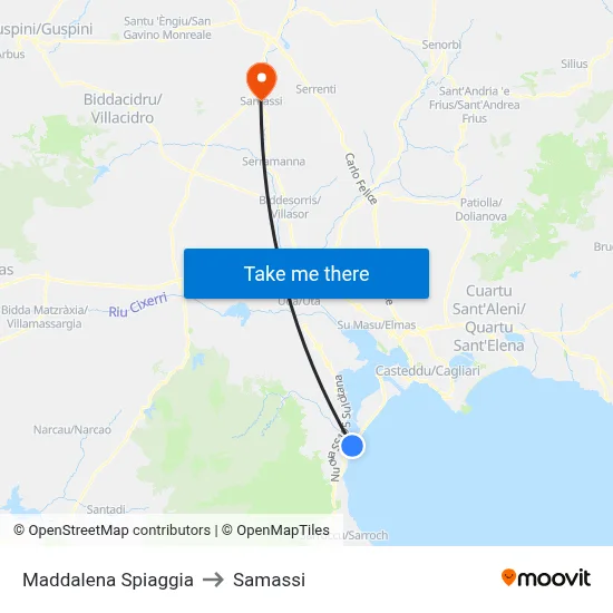 Maddalena Beach to Samassi map