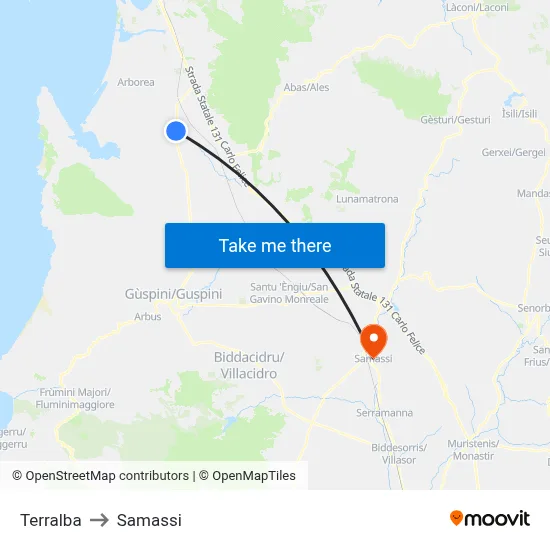 Terralba to Samassi map