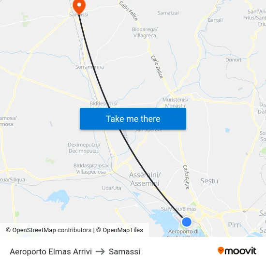 Elmas Airport Arrivals to Samassi map