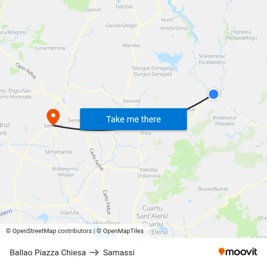 Ballao Church Square to Samassi map
