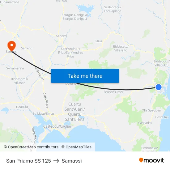 San Priamo SS 125 to Samassi map