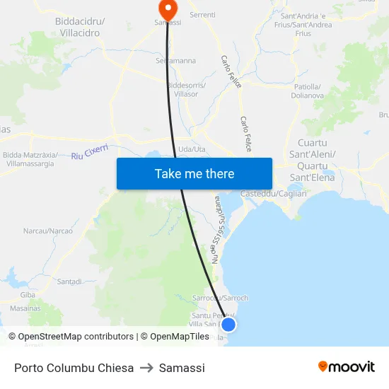 Porto Columbu Church to Samassi map
