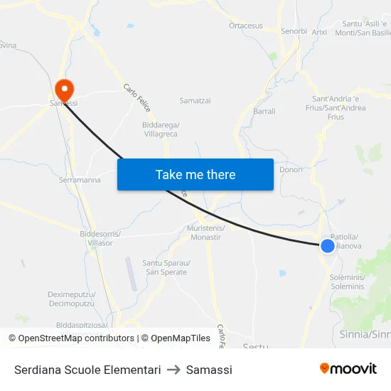 Serdiana Elementary Schools to Samassi map