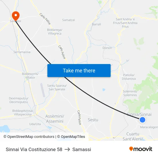Sinnai Via Costituzione 58 to Samassi map