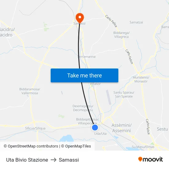 Uta Bivio Stazione to Samassi map
