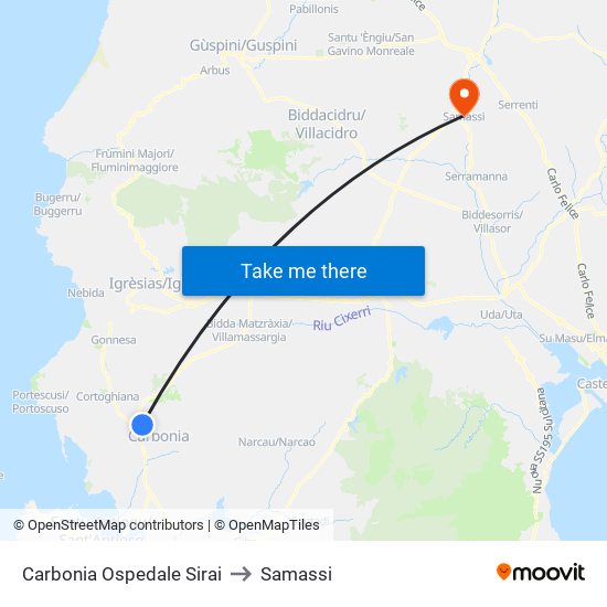 Carbonia Ospedale Sirai to Samassi map