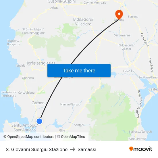 San Giovanni Suergiu Station to Samassi map