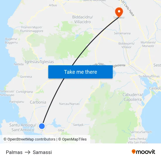 Palmas to Samassi map