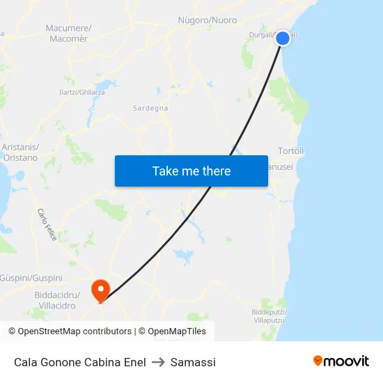 Cala Gonone Enel Cabin to Samassi map