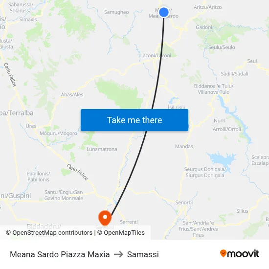 Meana Sardo Maxia Square to Samassi map