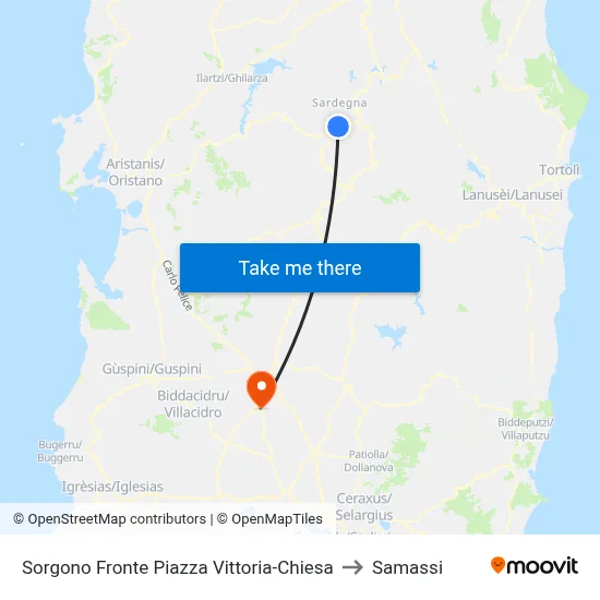 Sorgono Opposite Victory Square-Church to Samassi map