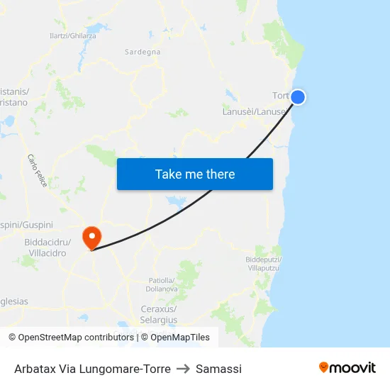 Arbatax Waterfront Street-Tower to Samassi map