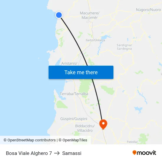 Bosa Alghero Avenue 7 to Samassi map
