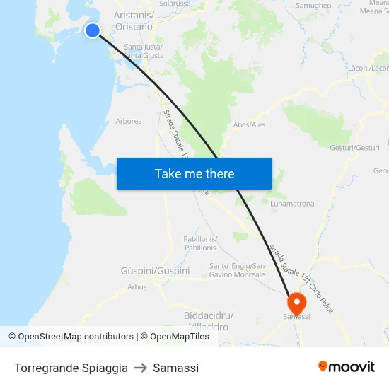 Torregrande Beach to Samassi map