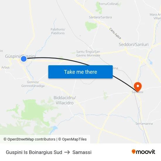 Guspini Is Boinargius South to Samassi map