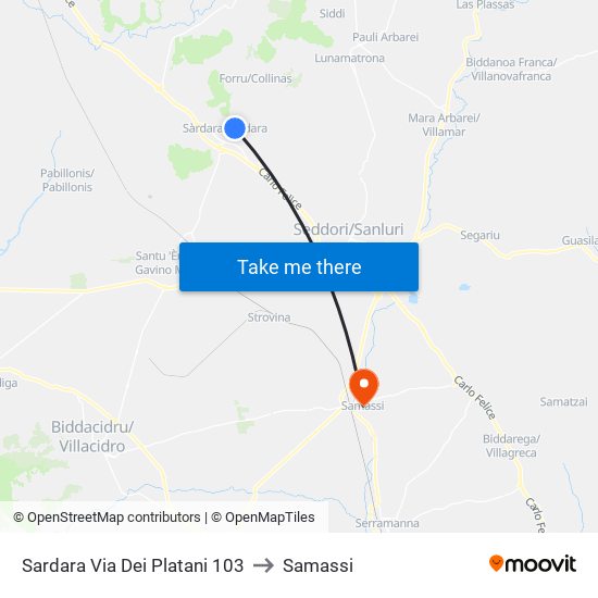 Sardara Via Dei Platani 103 to Samassi map