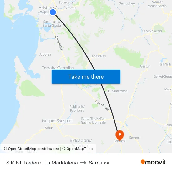 Sili Redemption Institute La Maddalena to Samassi map