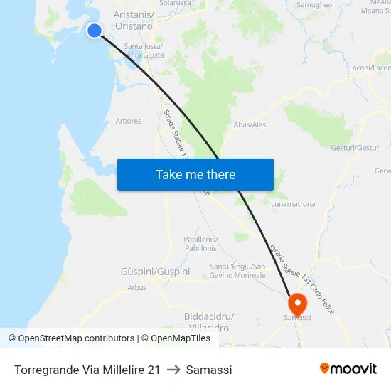 Torregrande Millelire Street 21 to Samassi map