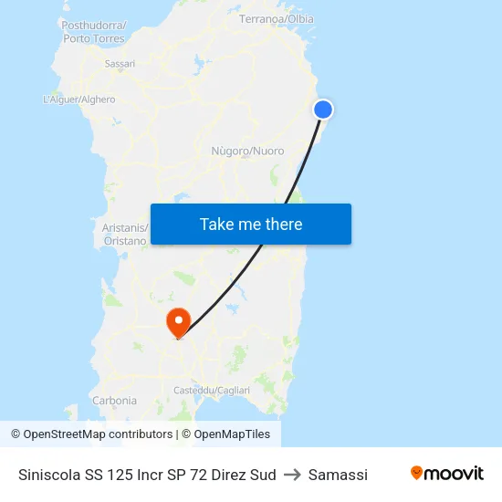 Siniscola SS 125 Junction SP 72 South Direction to Samassi map