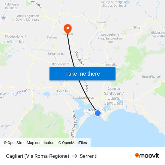 Cagliari (Via Roma-Regione) to Serrenti map
