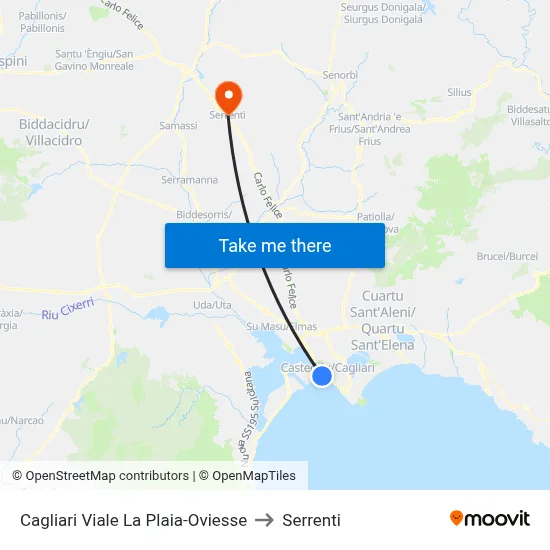 Cagliari La Plaia Boulevard-Oviesse to Serrenti map