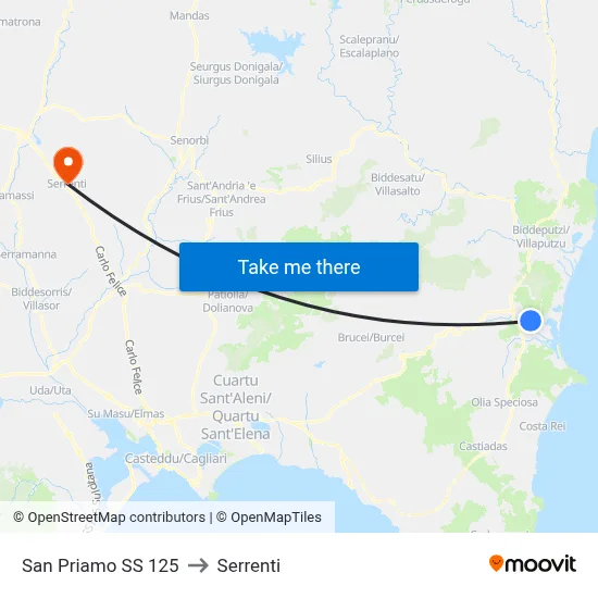 San Priamo SS 125 to Serrenti map