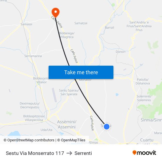 Sestu Via Monserrato 117 to Serrenti map