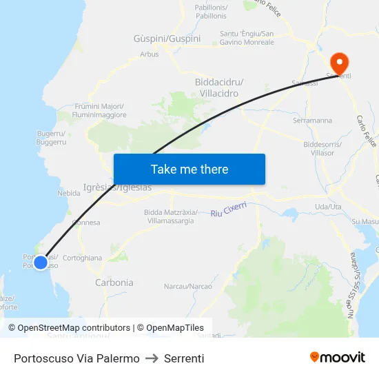 Portoscuso Palermo Street to Serrenti map