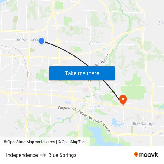 Independence to Blue Springs map