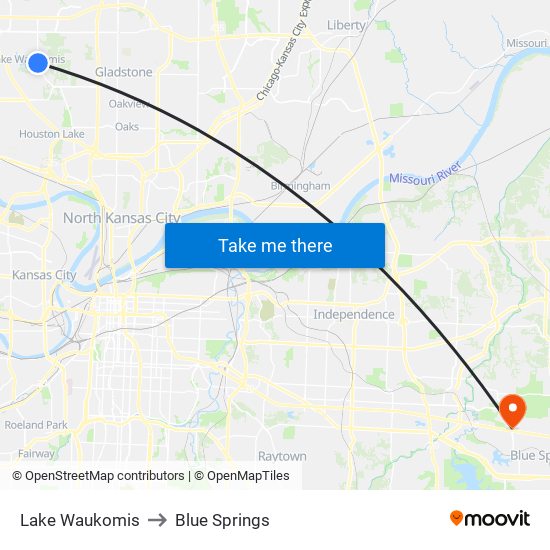 Lake Waukomis to Blue Springs map