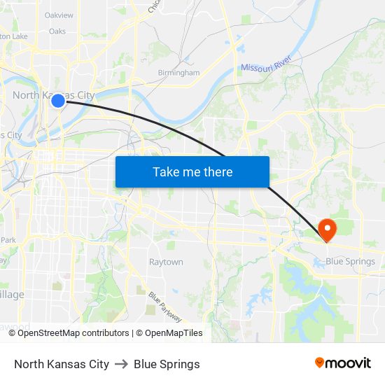 North Kansas City to Blue Springs map