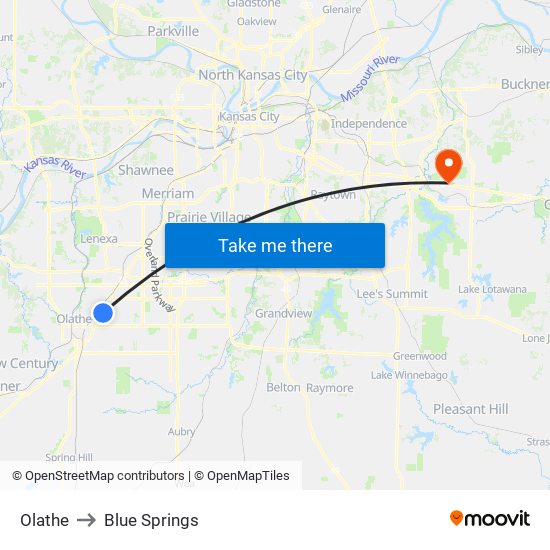 Olathe to Blue Springs map