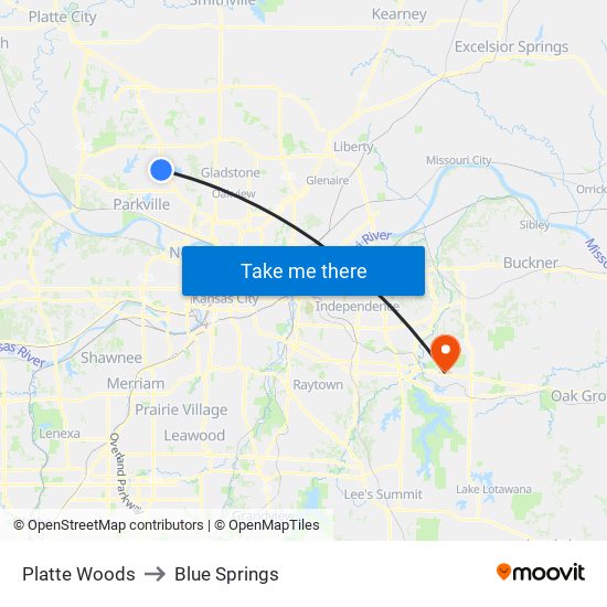 Platte Woods to Blue Springs map