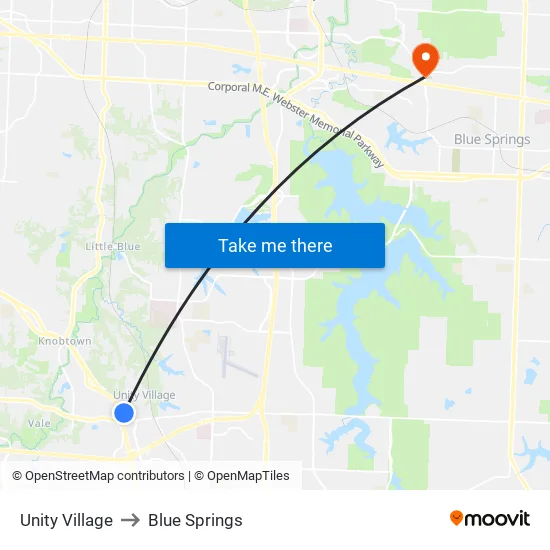 Unity Village to Blue Springs map