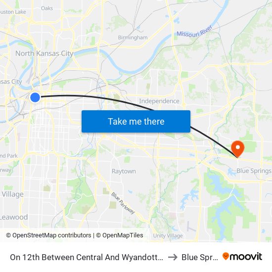 On 12th Between Central And Wyandotte Eastbound to Blue Springs map