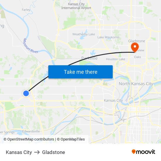 Kansas City to Gladstone map