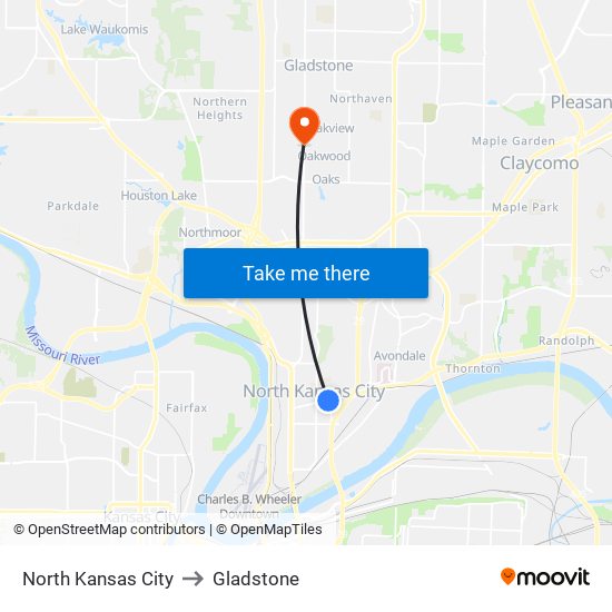 North Kansas City to Gladstone map