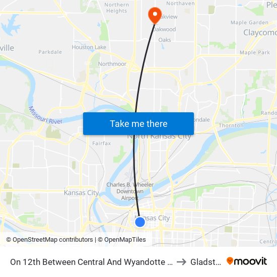 On 12th Between Central And Wyandotte Eastbound to Gladstone map