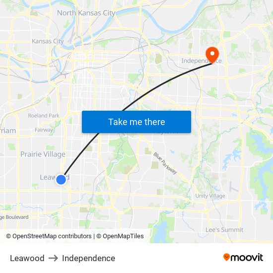 Leawood to Independence map