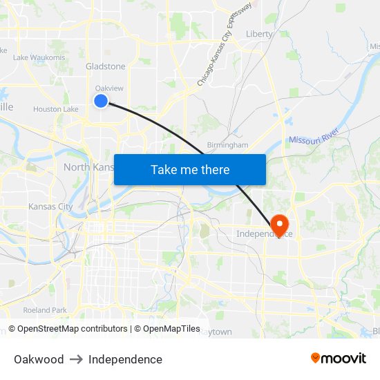 Oakwood to Independence map