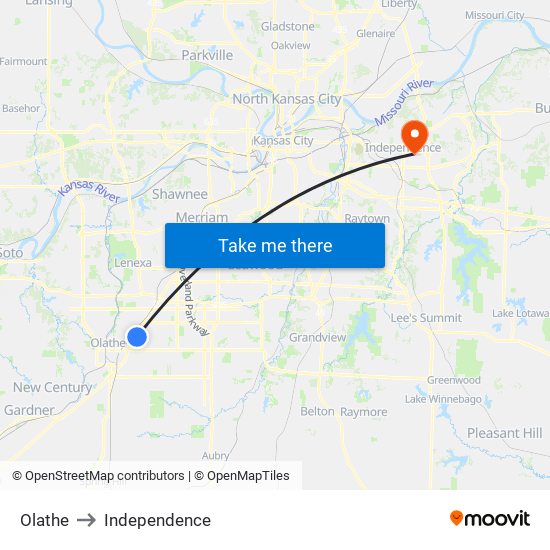 Olathe to Independence map