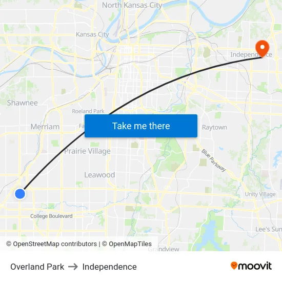 Overland Park to Independence map