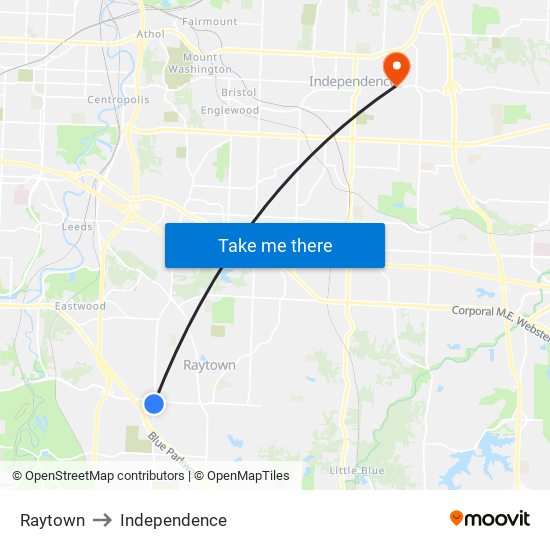 Raytown to Independence map